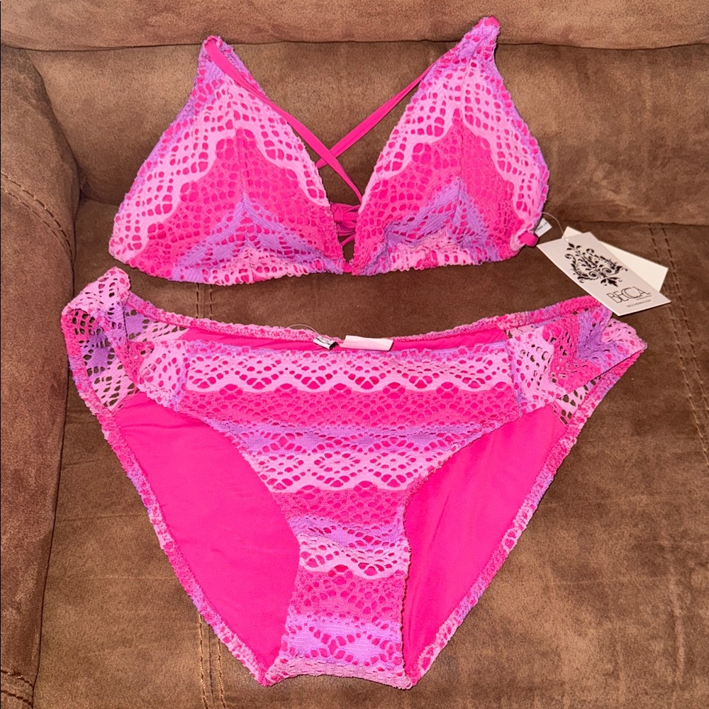 BECCA Bright Pink/Purple Crochet Triangle Bikini Set